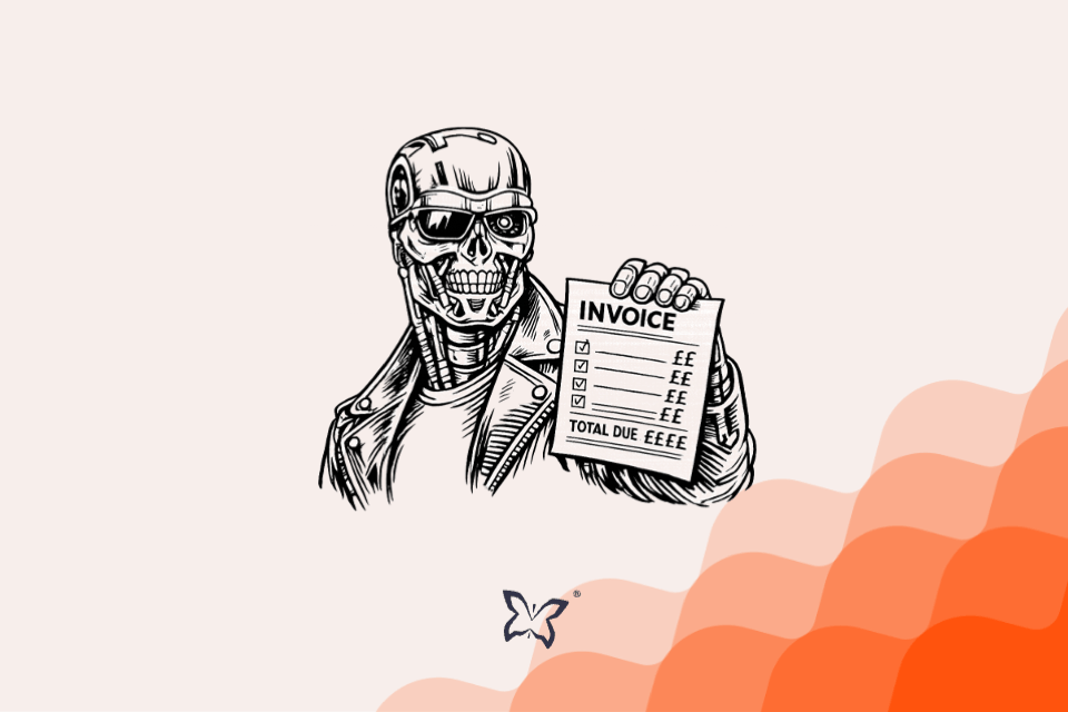 A Terminator style robot presents an invoice for the cost of compute, illustrating the hidden costs of AI.