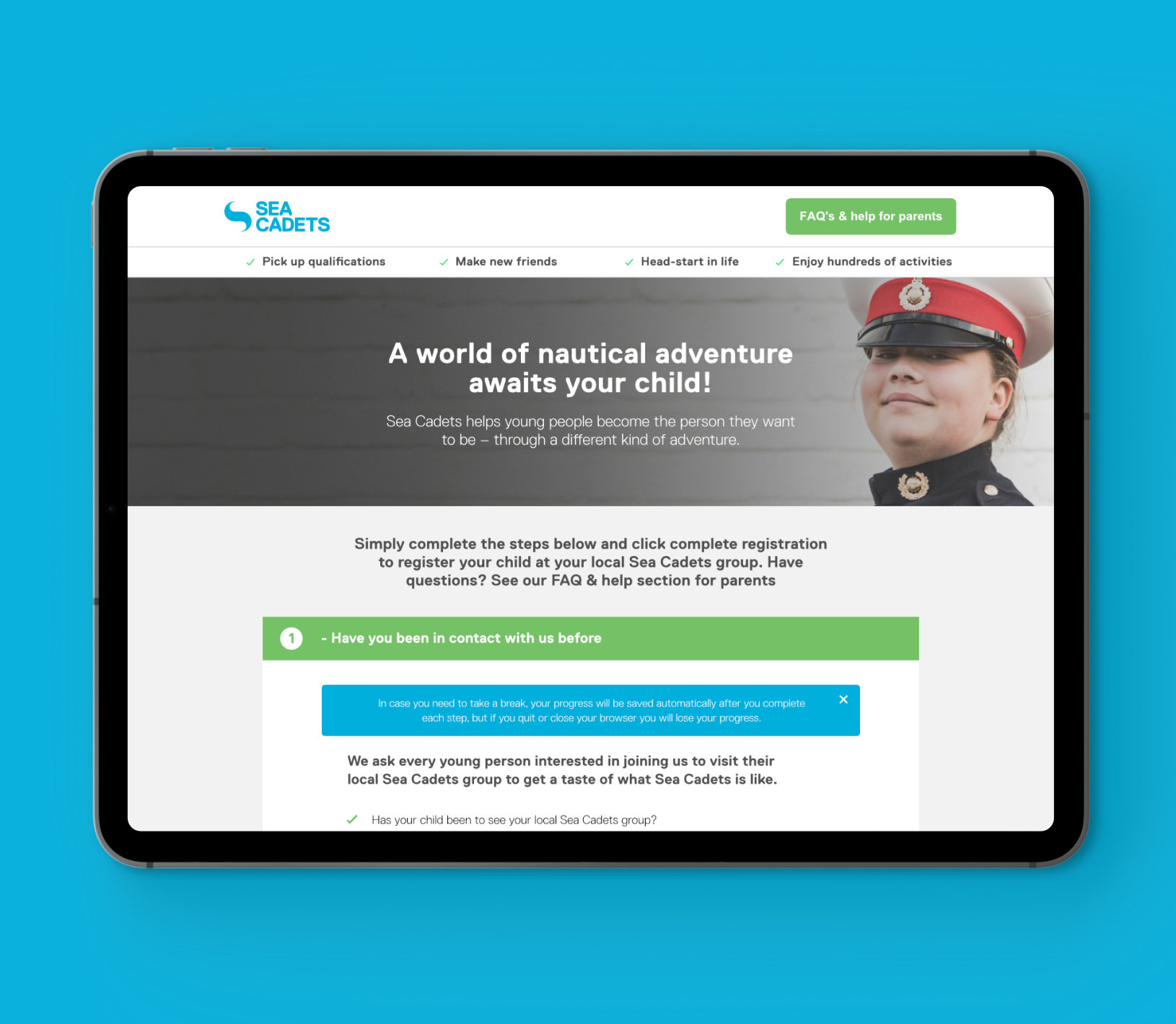 Sea cadets signup tablet page