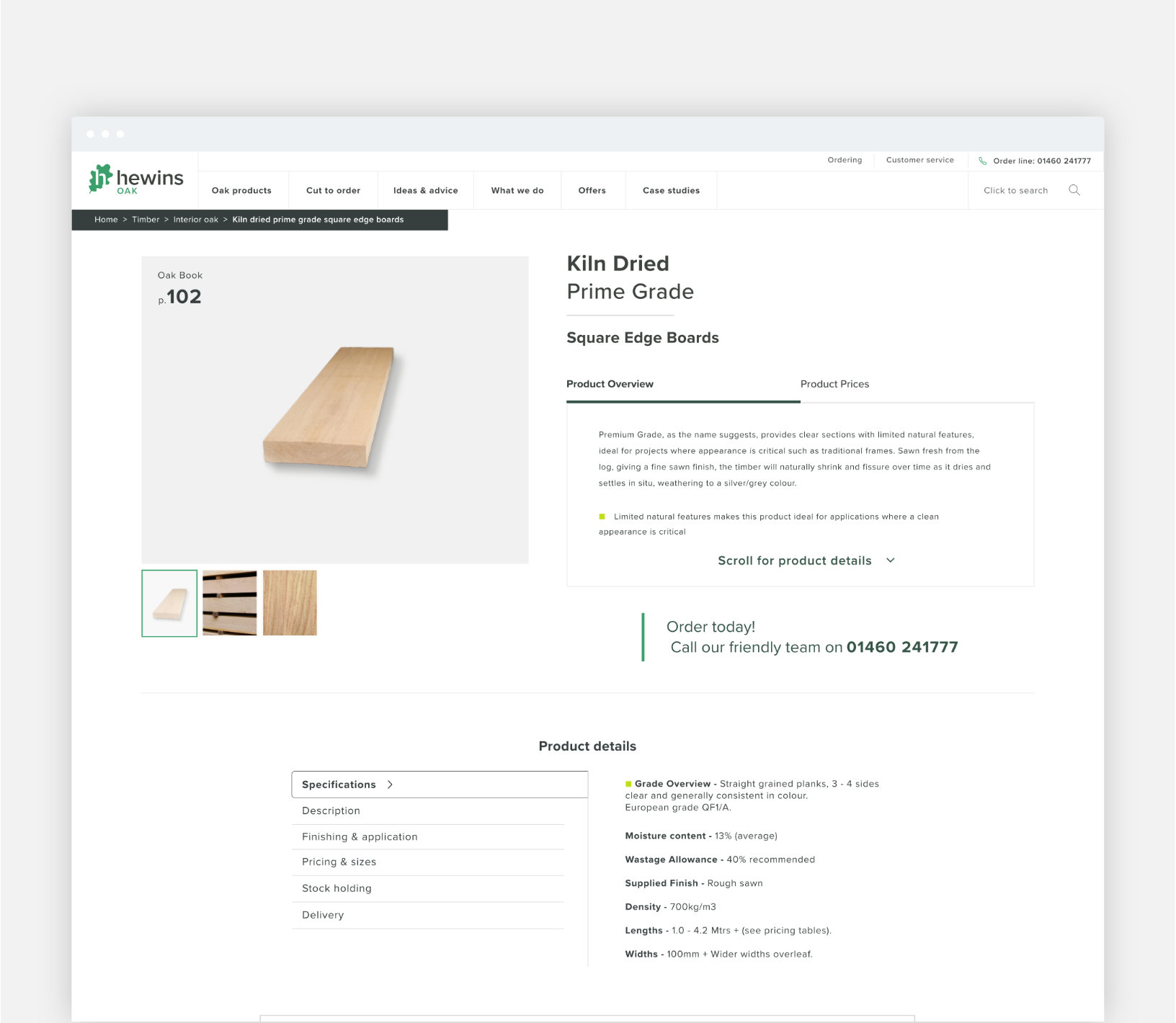 Hewins oak product page example