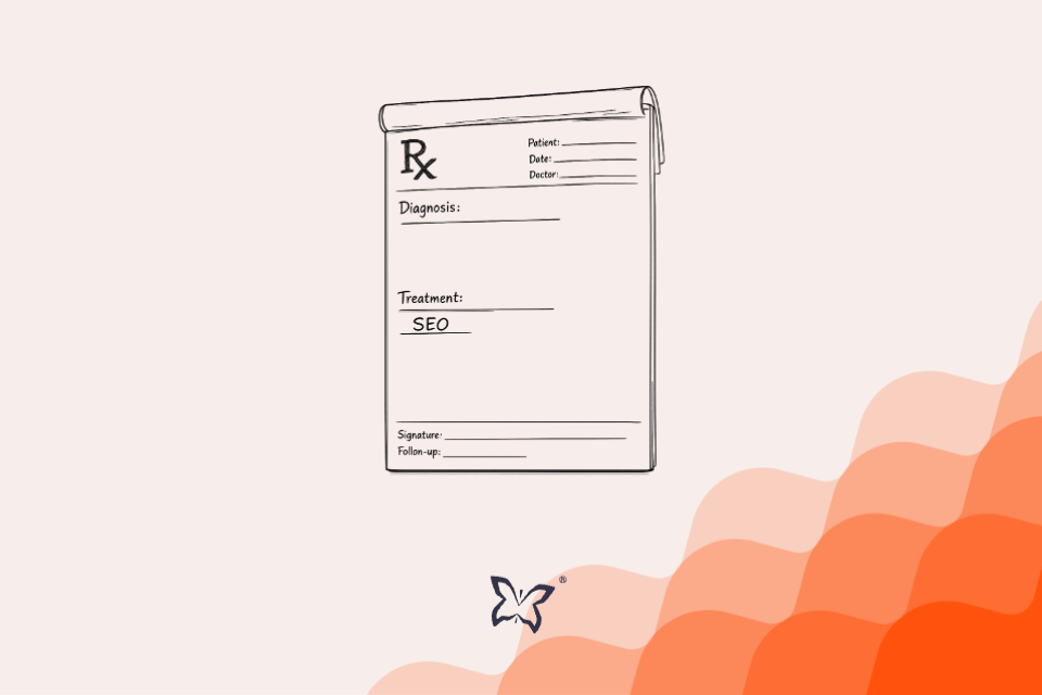 Black line illustration of a doctor’s prescription pad with a blank diagnosis field and “SEO” written as the treatment, illustrating the importance of diagnosing a business problem before prescribing a marketing solution.