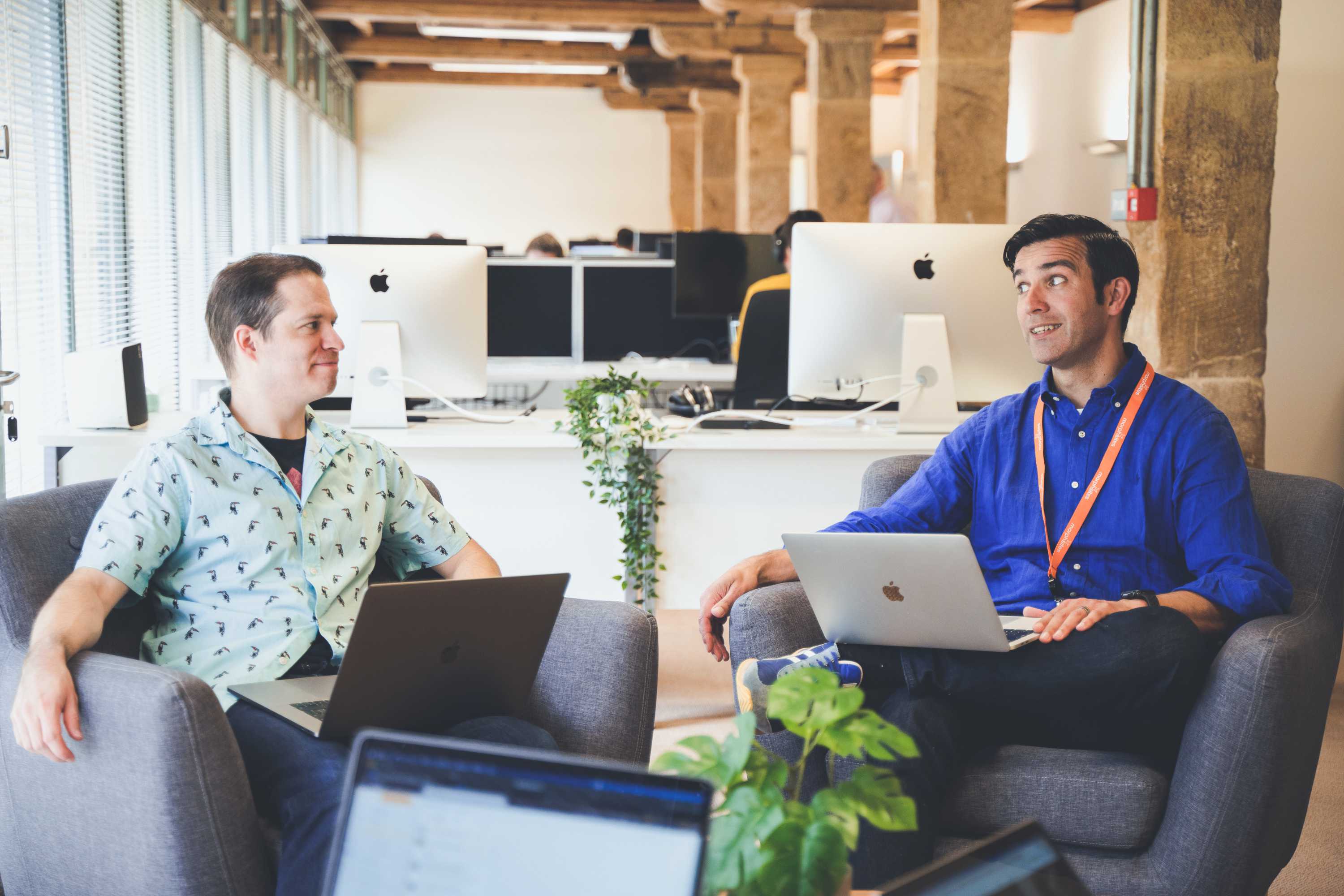 Senior designer and project manager sat on sofa chairs discuss a project using laptops.