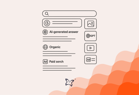 Line drawing of a modern search engine results page showing AI-generated answers, organic listings, video and image results, paid ads, and icons for tools like ChatGPT and Gemini.